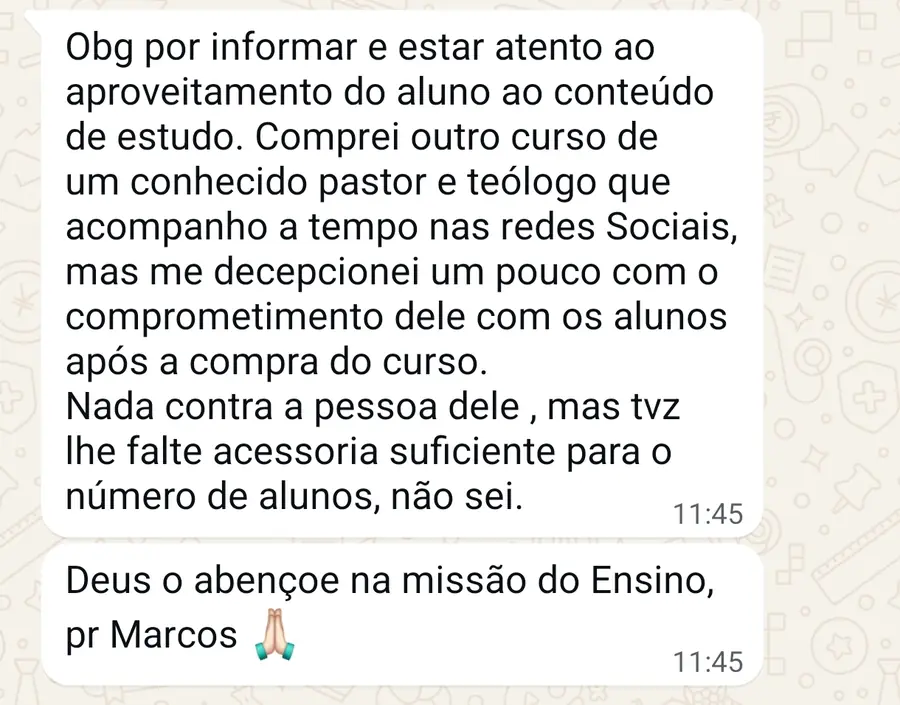 Depoimento de aluno enviado por mensagem